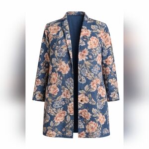Johnny Was Workshop Blue Floral Lined Jacket 3/4 Sleeve Linen Size L NWT